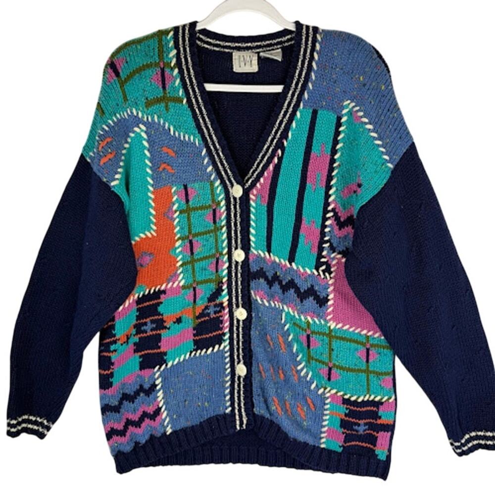 VTG 90s IVY Patchwork Knit Cardigan Sweater Large Coogi Style Grandpacore